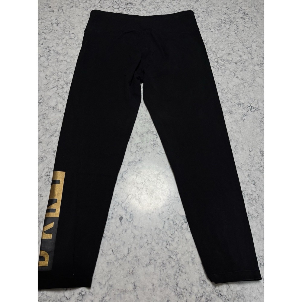 DKNY Sport Women's Black Leggings Size Large Gold Logo Stretch Athletic Pants - Picture 4 of 4